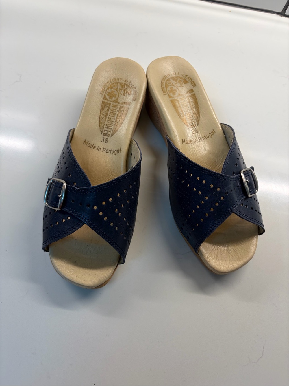 WORISHOFER Navy Perforated Leather Slide Sandals with Buckle